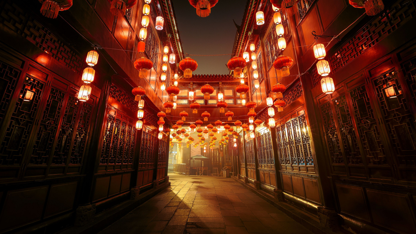 Red and White Pendant Lamps Turned on in Building. Wallpaper in 1366x768 Resolution