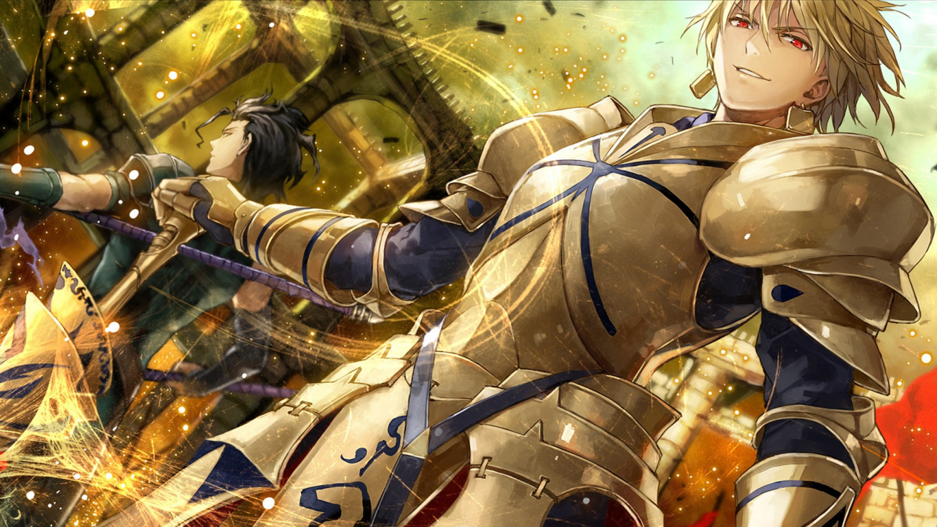 Anime, El Destino Cero, Gilgamesh, Arquero, Lanzamiento. Wallpaper in 1366x768 Resolution