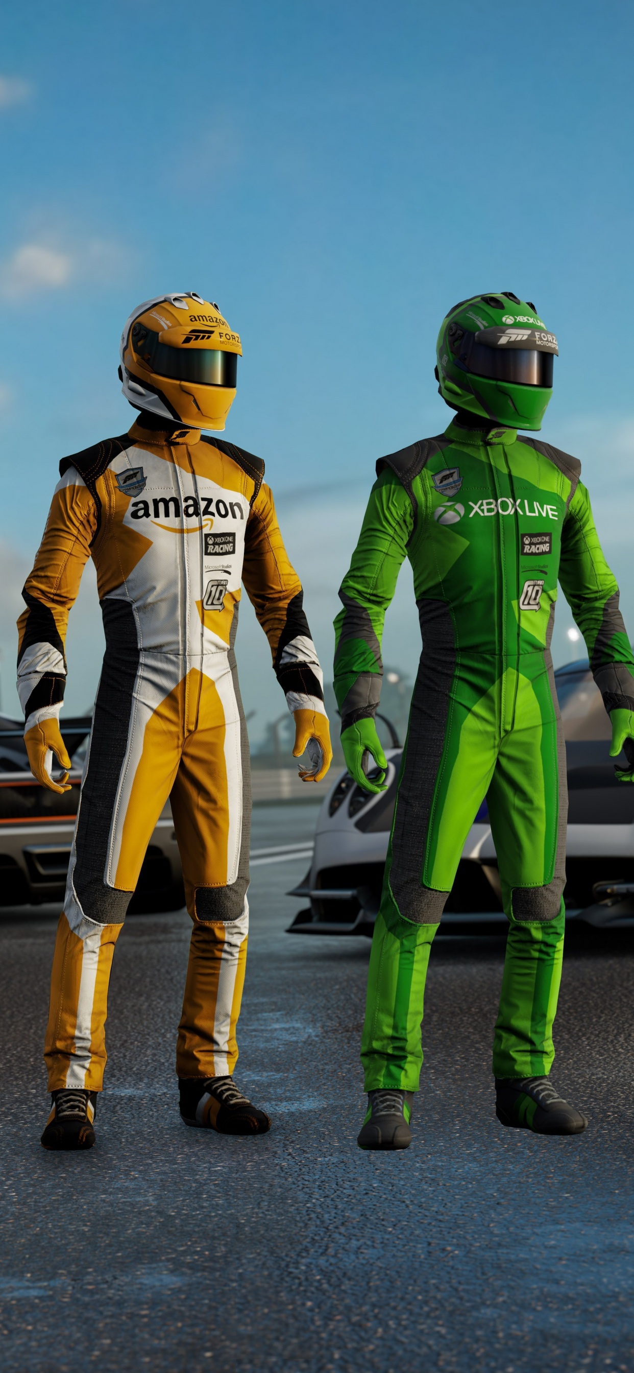 2 Men in Green and Yellow Helmet and Helmet Standing Beside White Sports Car During Daytime. Wallpaper in 1242x2688 Resolution