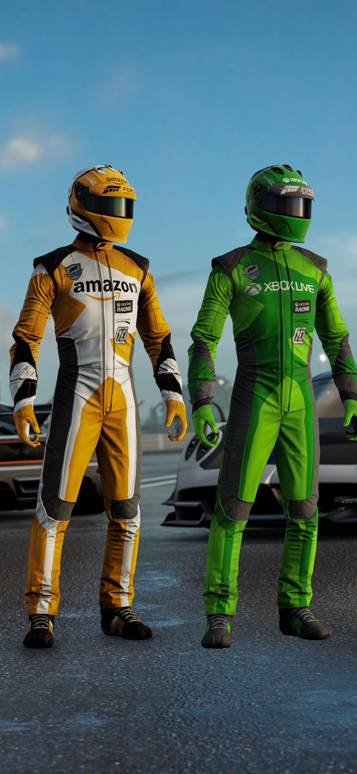 2 Hombres Con Casco Verde y Amarillo y Casco de Pie Junto al Coche Deportivo Blanco Durante el Día. Wallpaper in 1242x2688 Resolution