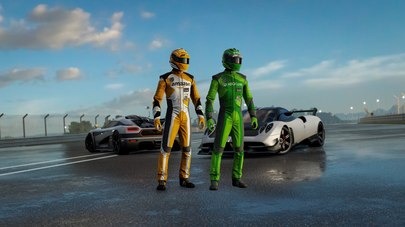 2 Hombres Con Casco Verde y Amarillo y Casco de Pie Junto al Coche Deportivo Blanco Durante el Día. Wallpaper in 1366x768 Resolution