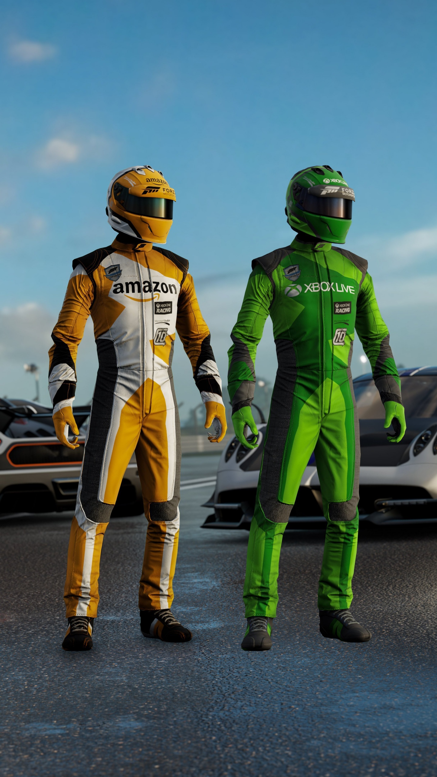 2 Hombres Con Casco Verde y Amarillo y Casco de Pie Junto al Coche Deportivo Blanco Durante el Día. Wallpaper in 1440x2560 Resolution