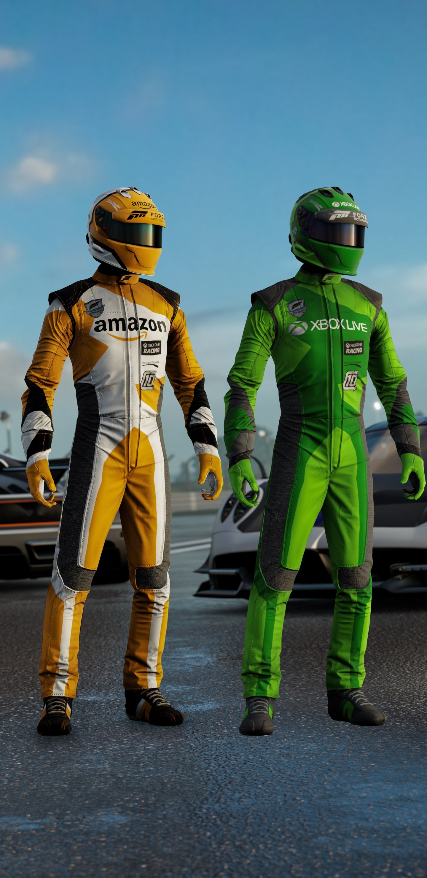 2 Hommes en Casque Vert et Jaune et Casque Debout à Côté D'une Voiture de Sport Blanche Pendant la Journée. Wallpaper in 1440x2960 Resolution