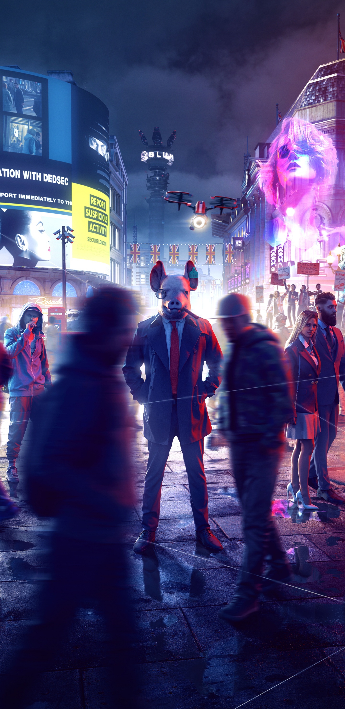 人群, 城市, 游戏, 视频游戏, 看着狗2 壁纸 1440x2960 允许