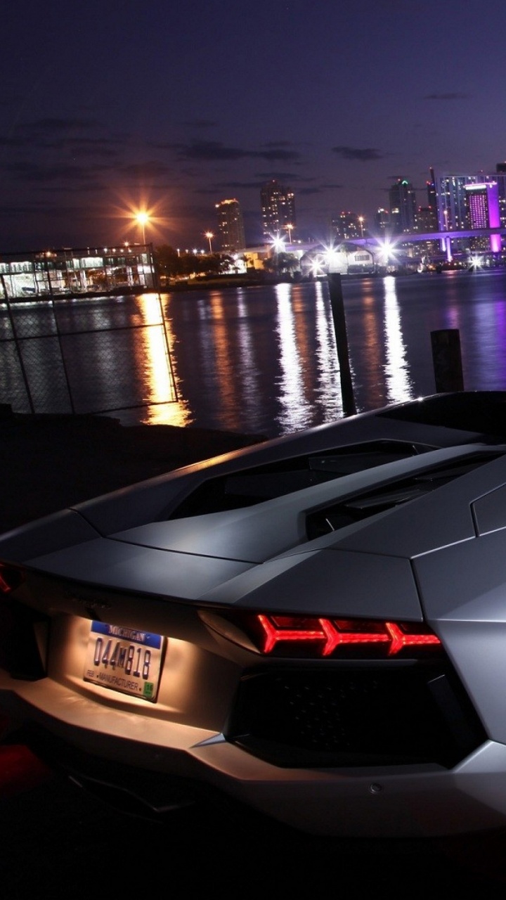 White Lamborghini Aventador Parked Near Body of Water During Night Time. Wallpaper in 720x1280 Resolution