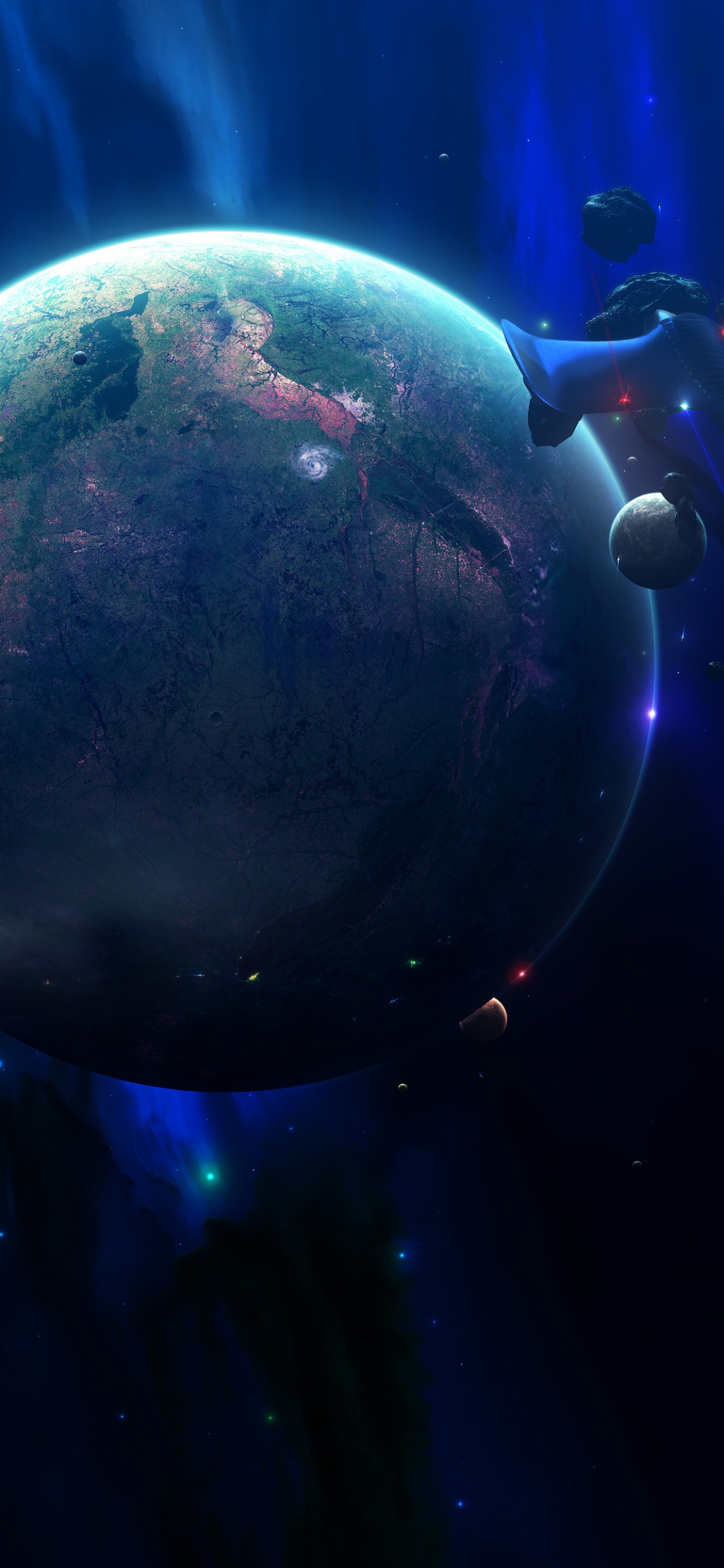 Blauer Und Schwarzer Planet Mit Blauen Und Violetten Lichtern. Wallpaper in 1125x2436 Resolution