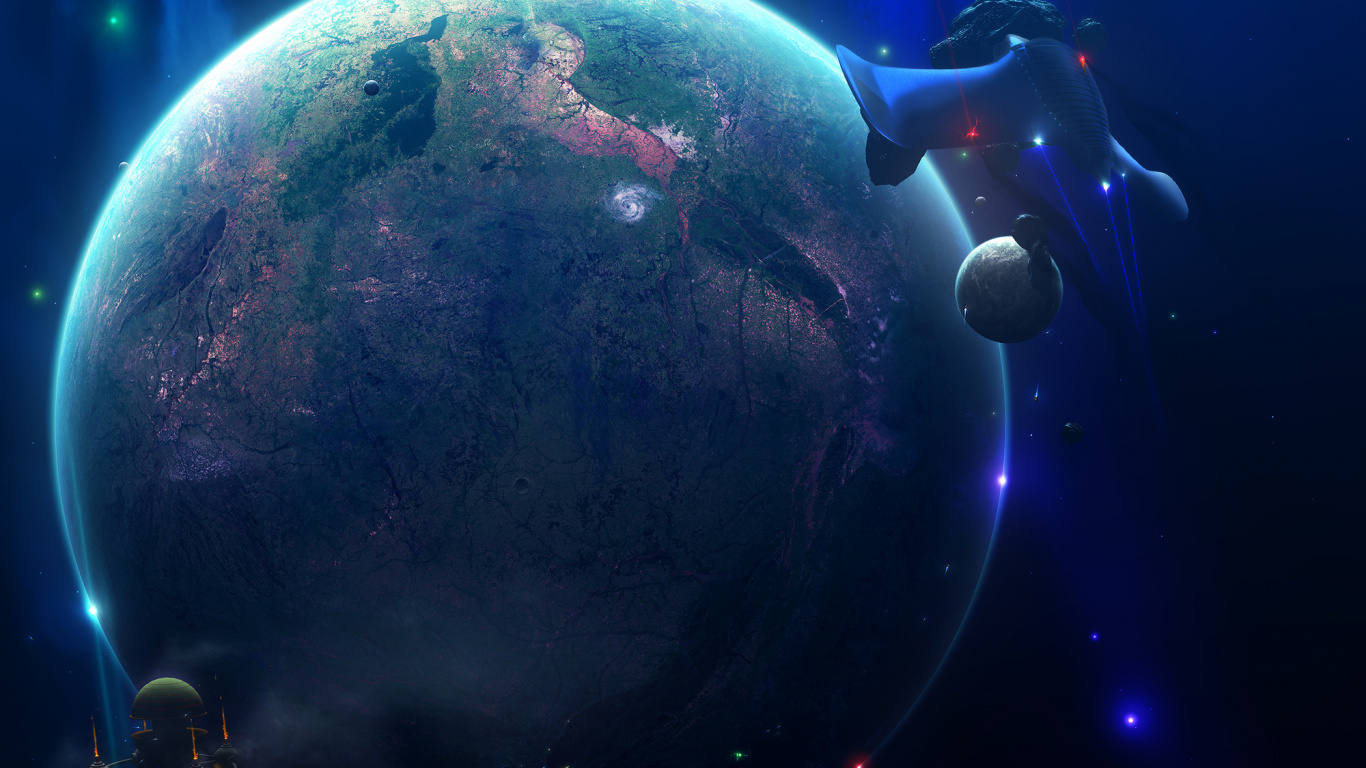 Blauer Und Schwarzer Planet Mit Blauen Und Violetten Lichtern. Wallpaper in 1366x768 Resolution