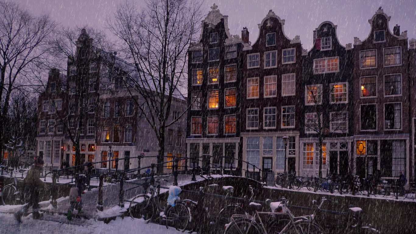 冬天, 城市, 晚上, 大都会, 阿姆斯特丹 壁纸 1366x768 允许