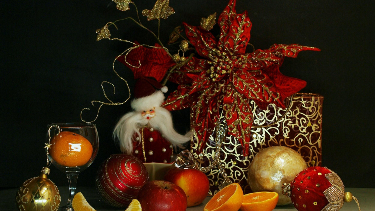Santa Claus, New Year, Painting, Fruit, Gift. Wallpaper in 1280x720 Resolution