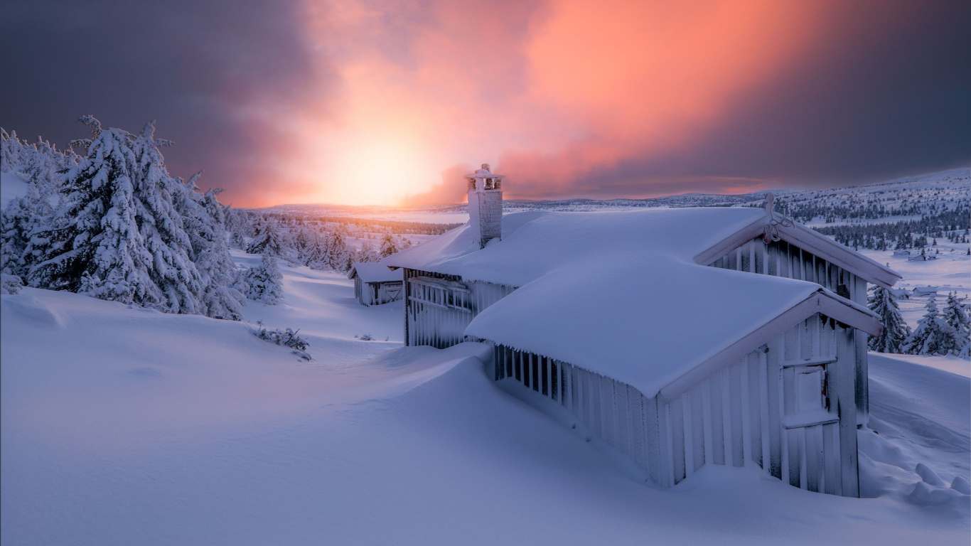 Schneebedecktes Haus Tagsüber. Wallpaper in 1366x768 Resolution