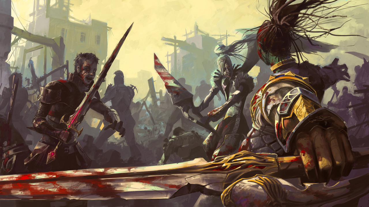 Man in Black and Brown Suit Holding Sword. Wallpaper in 1280x720 Resolution