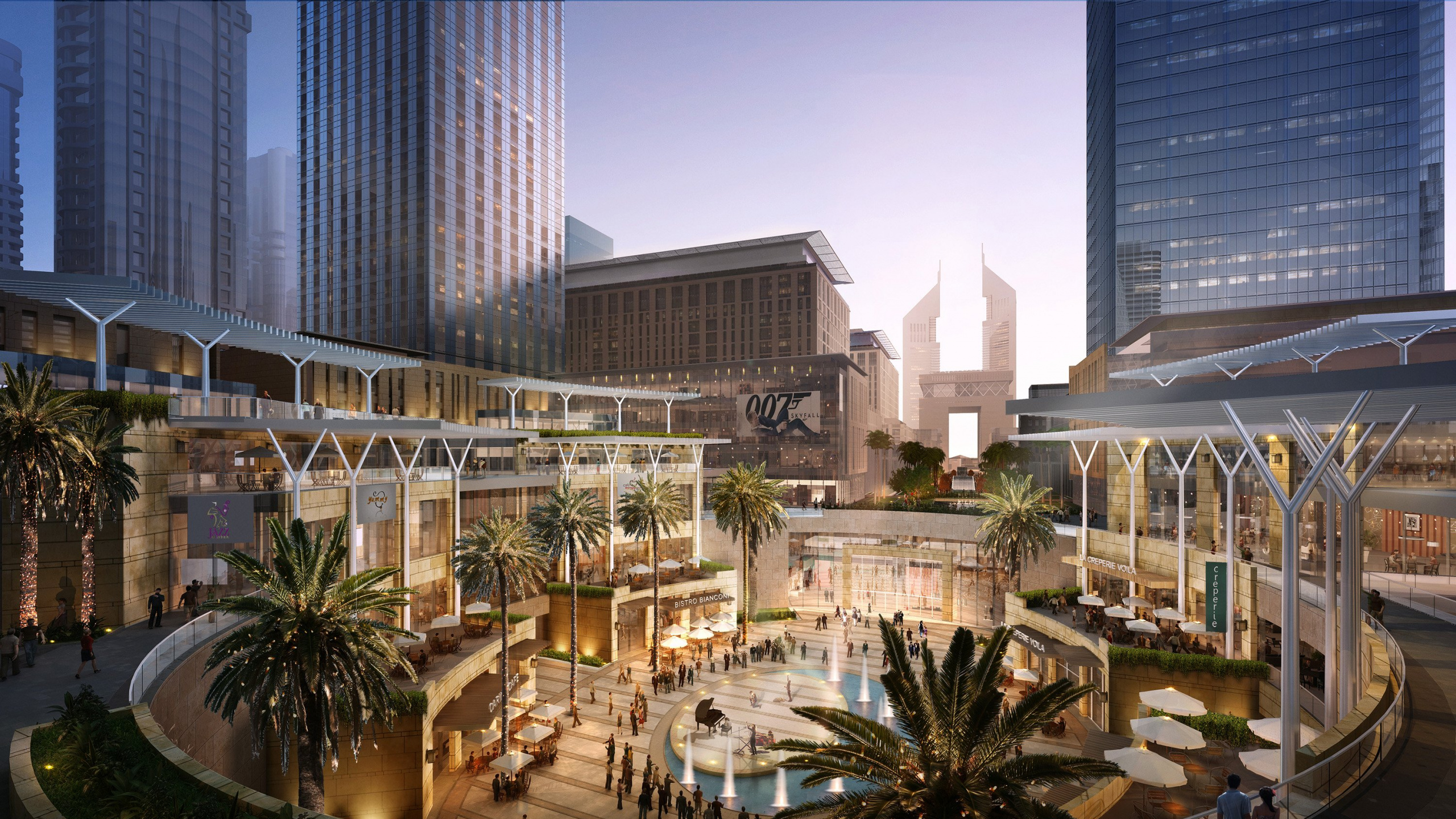 Palmeras Verdes Cerca Del Edificio de Hormigón Blanco Durante la Noche. Wallpaper in 2560x1440 Resolution