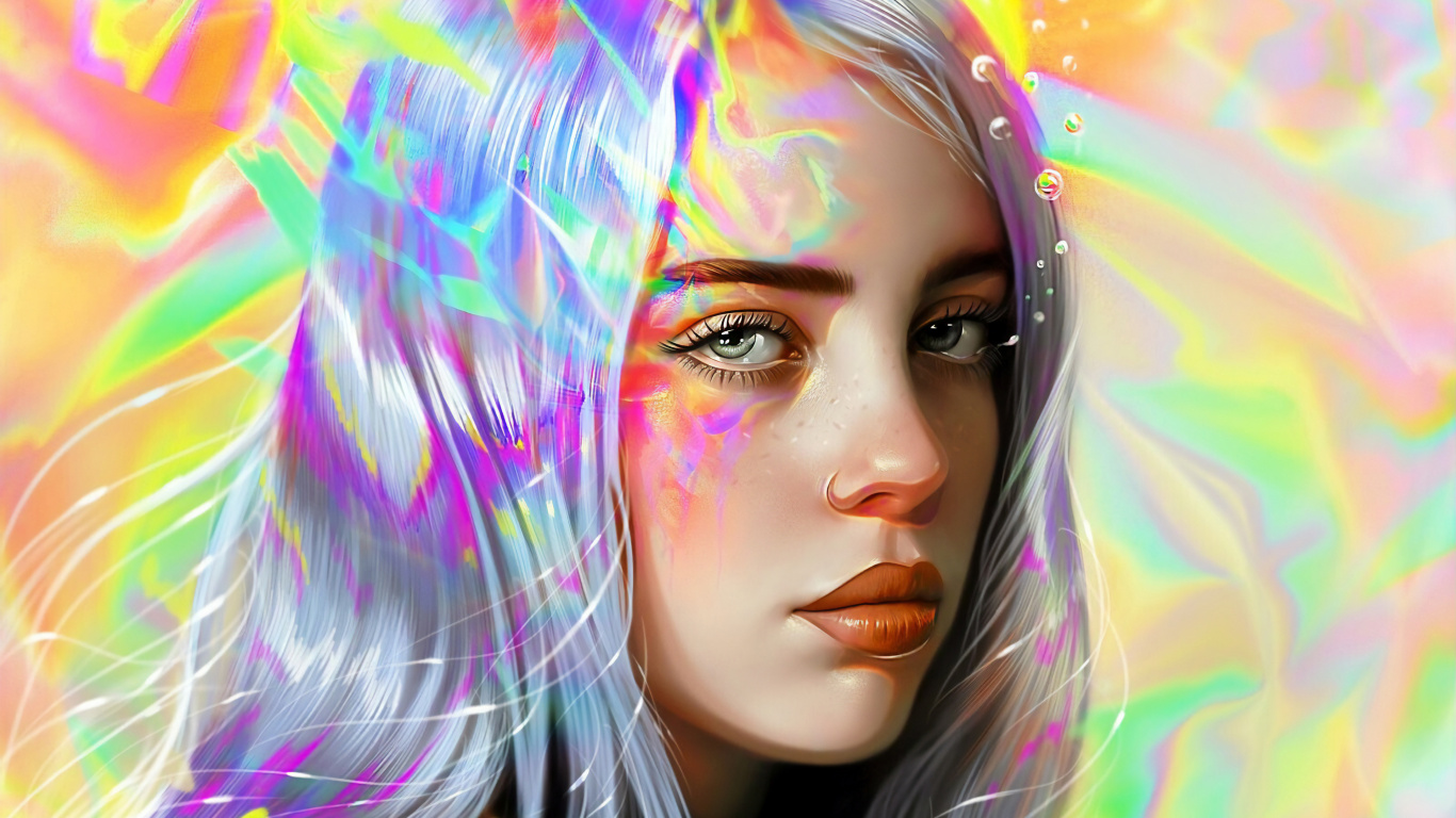 Billie Eilish, la Pureté de la Couleur, Sourcil, Coiffure, L'expression du Visage. Wallpaper in 1366x768 Resolution