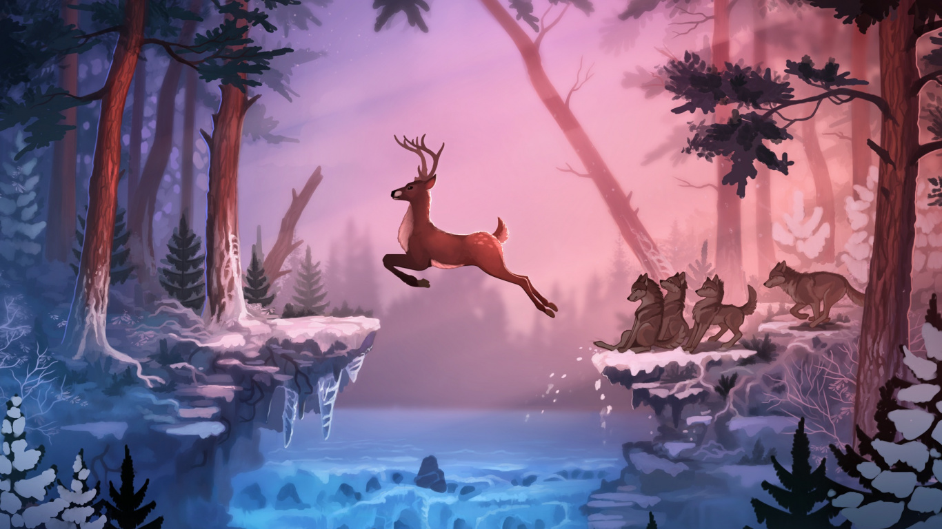 Brauner Hirsch Auf Eis in Wasser. Wallpaper in 1366x768 Resolution