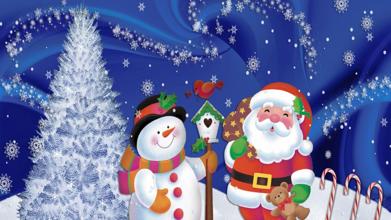 圣诞老人, 圣诞节, 雪人, 圣诞树, 圣诞装饰 壁纸 1280x720 允许