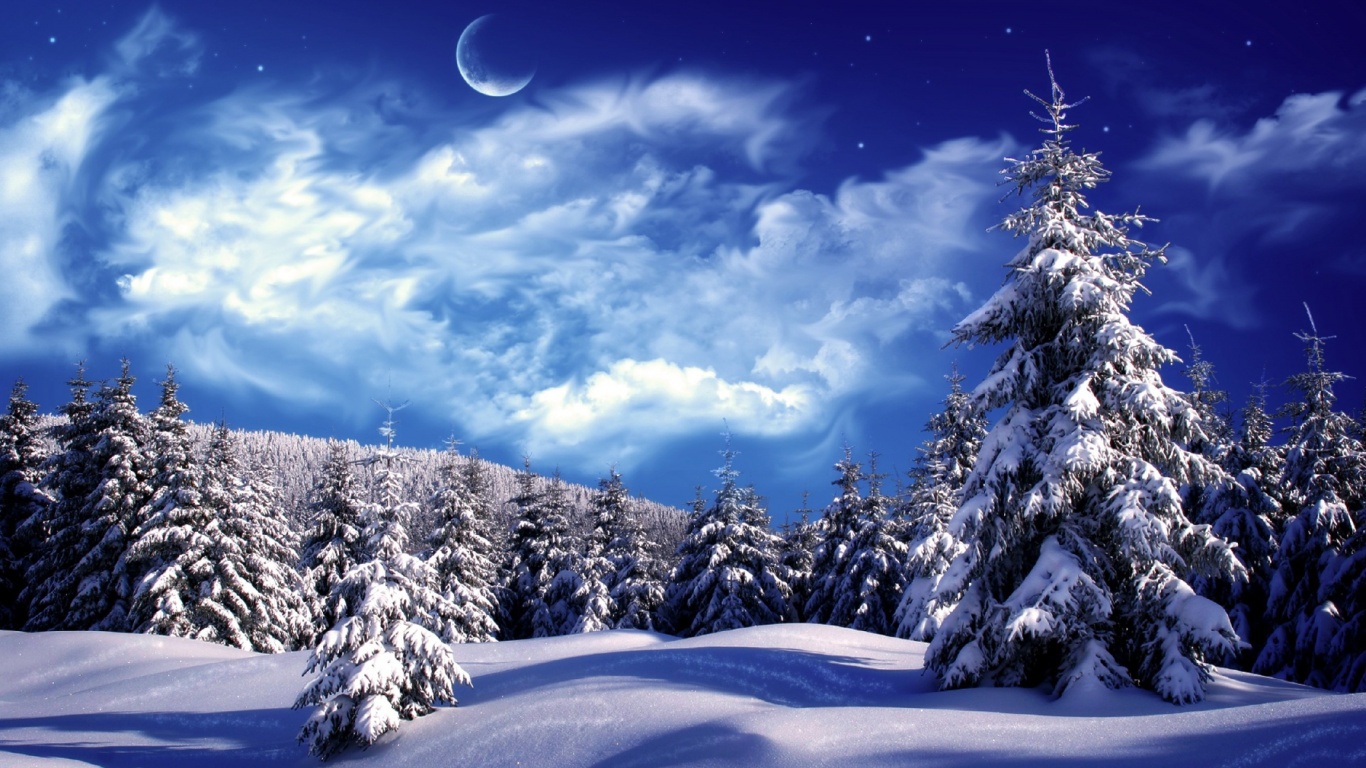 Snow Covered Trees and Mountains Under Blue Sky With White Clouds During Daytime. Wallpaper in 1366x768 Resolution