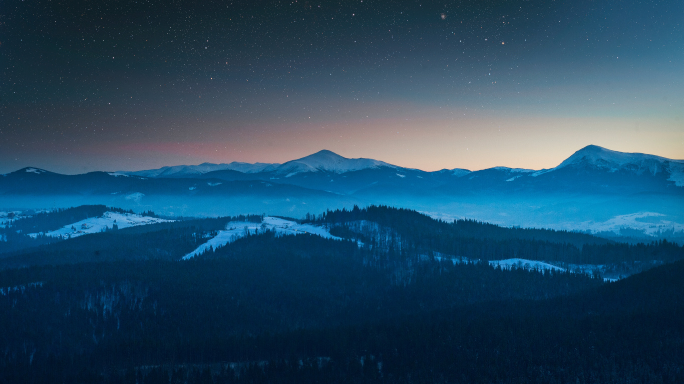 Silhouette of Trees and Mountains During Night Time. Wallpaper in 1366x768 Resolution