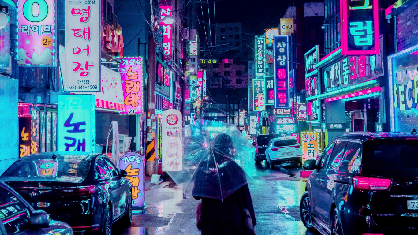 Persona en Chaqueta Negra Sosteniendo Paraguas Caminando Por la Calle Durante la Noche. Wallpaper in 1366x768 Resolution