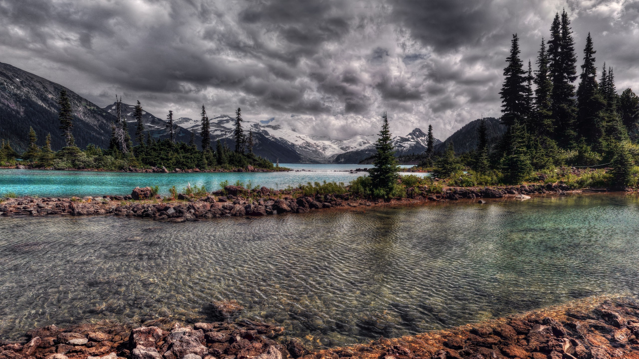Green Trees Near Lake Under Cloudy Sky During Daytime. Wallpaper in 1280x720 Resolution