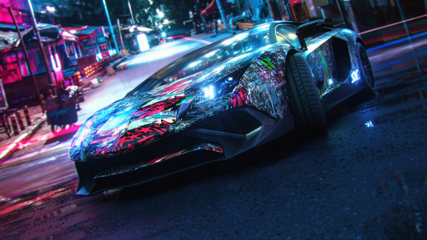 Cyberpunk-Lamborghini, Lamborghini, Car, Lamborghini Gallardo, Sportwagen. Wallpaper in 1366x768 Resolution