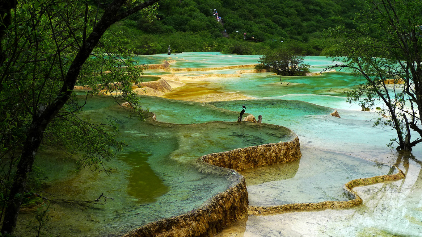 Woman in Black Tank Top and Black Shorts Standing on Rock Near Body of Water During. Wallpaper in 1366x768 Resolution