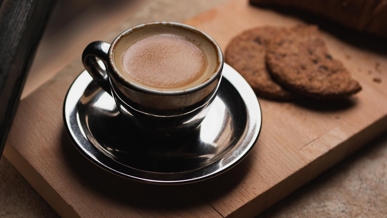 Black Ceramic Cup on Brown Wooden Tray. Wallpaper in 1280x720 Resolution