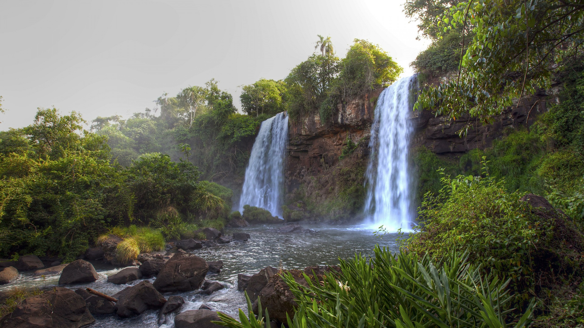 Waterfalls in The Middle of Green Trees. Wallpaper in 1920x1080 Resolution