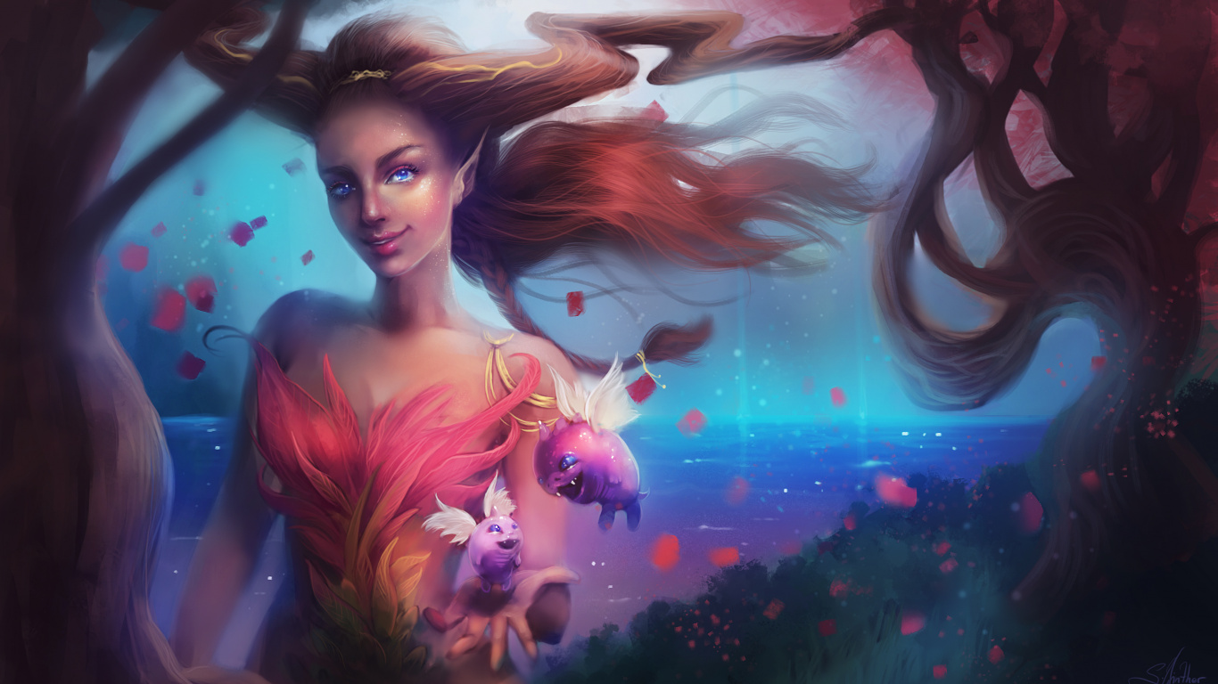 Mujer Con Cabello Naranja y Flor Rosa en la Oreja. Wallpaper in 1366x768 Resolution