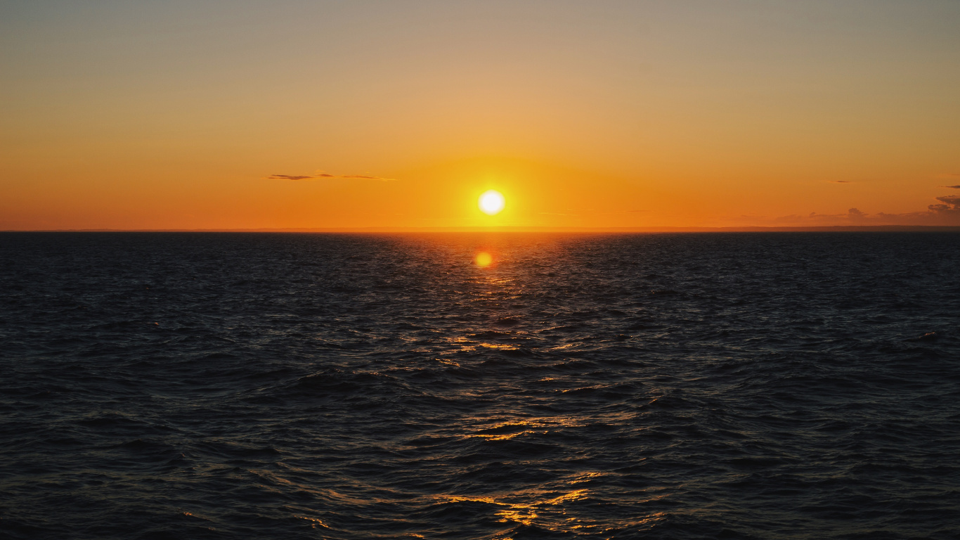Sunset, Sea, Ocean, Sunrise, Horizon. Wallpaper in 1366x768 Resolution