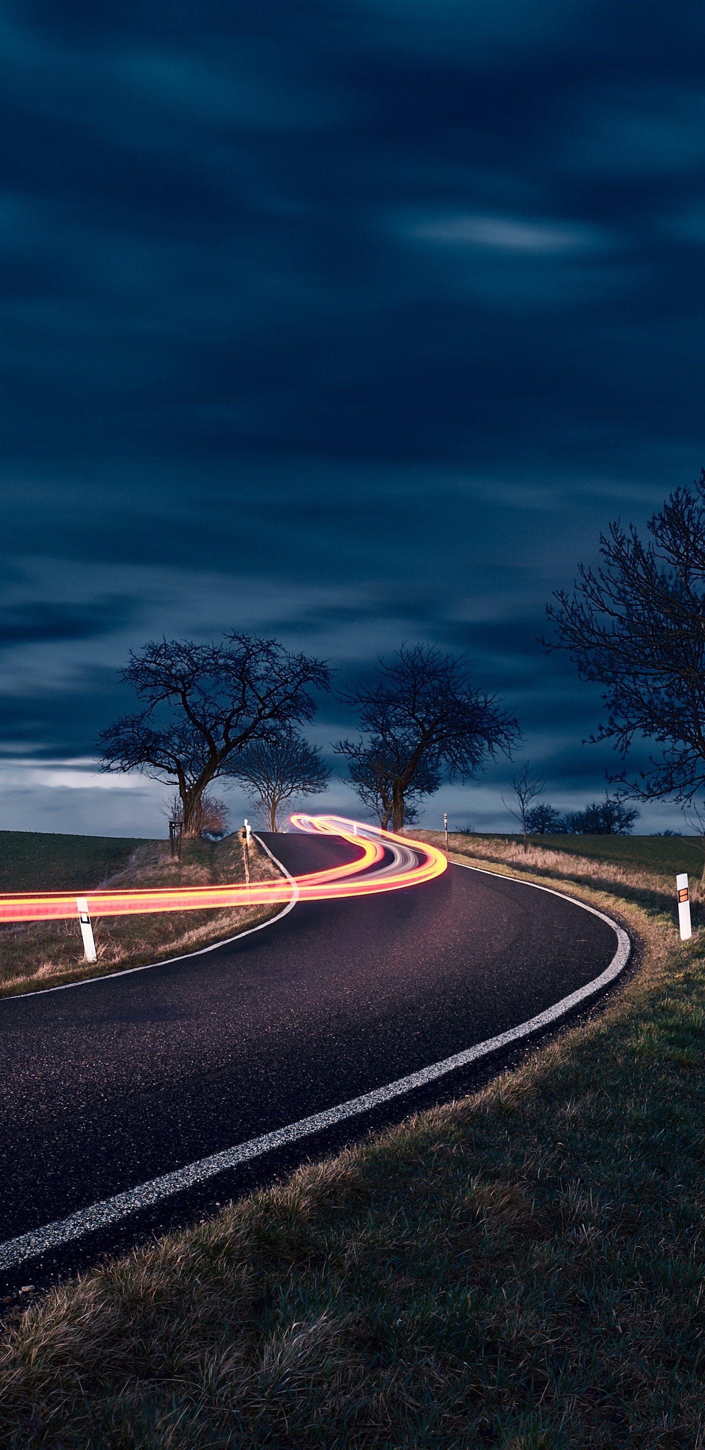 Road, Night, Blue, Cloud, Tree. Wallpaper in 1440x2960 Resolution