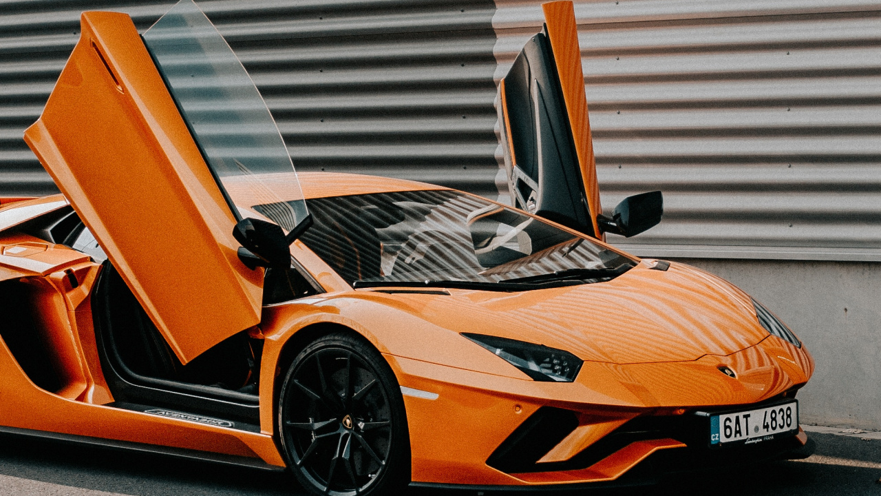 Lamborghini Coche Naranja Puerta Abierta, Lamborghini, Lamborghini Aventador, Deportivo, Coche. Wallpaper in 1280x720 Resolution