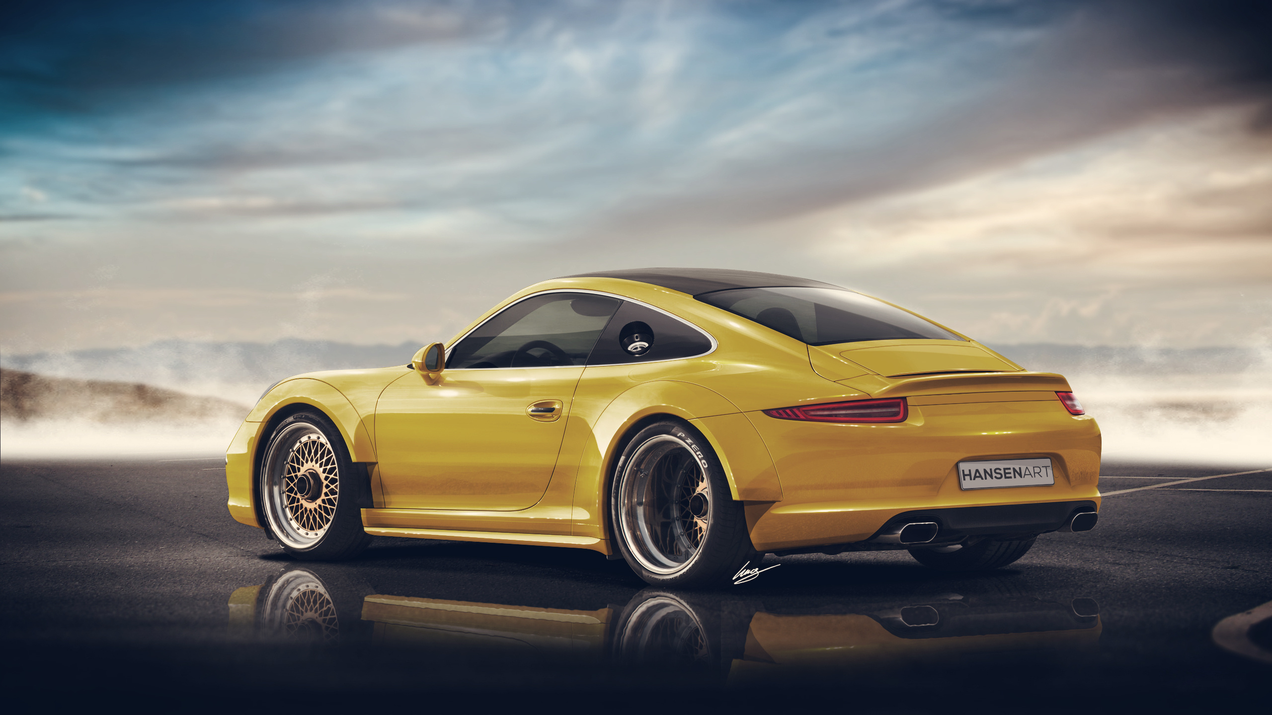 Yellow Porsche 911 on Road. Wallpaper in 2560x1440 Resolution