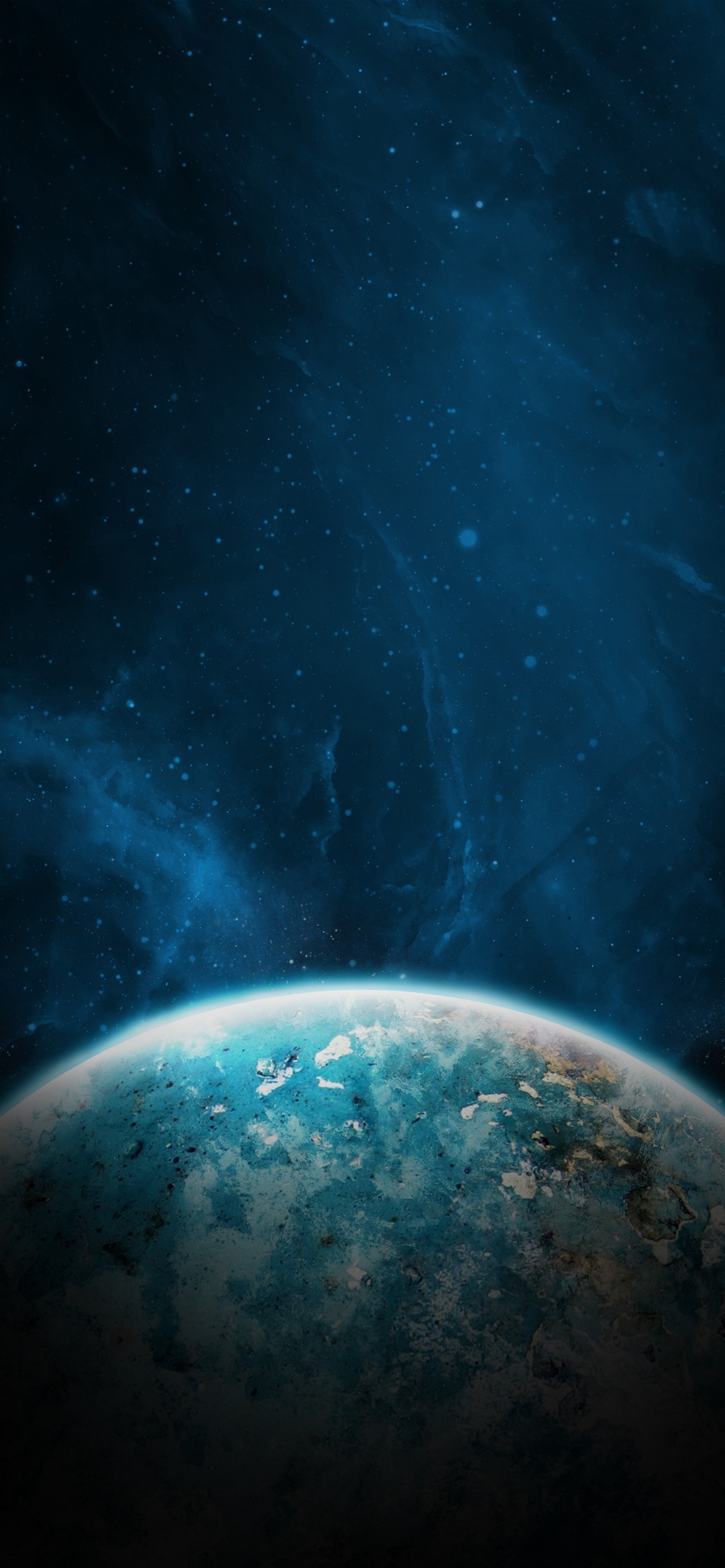 Blauer Und Schwarzer Planet Mit Sternen. Wallpaper in 1242x2688 Resolution