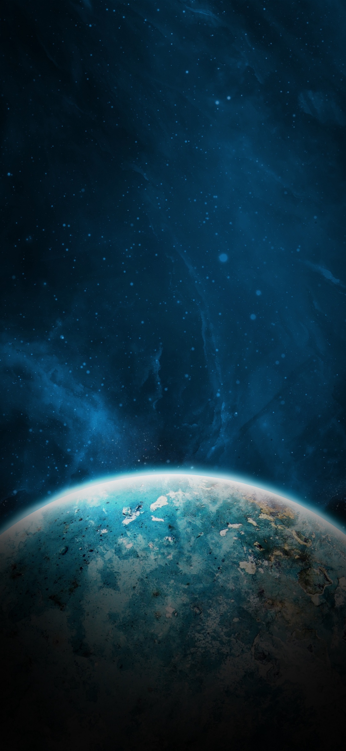 Blue and Black Planet With Stars. Wallpaper in 1125x2436 Resolution