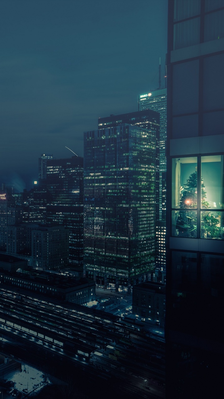 Skyline Der Stadt Bei Nacht Night. Wallpaper in 720x1280 Resolution