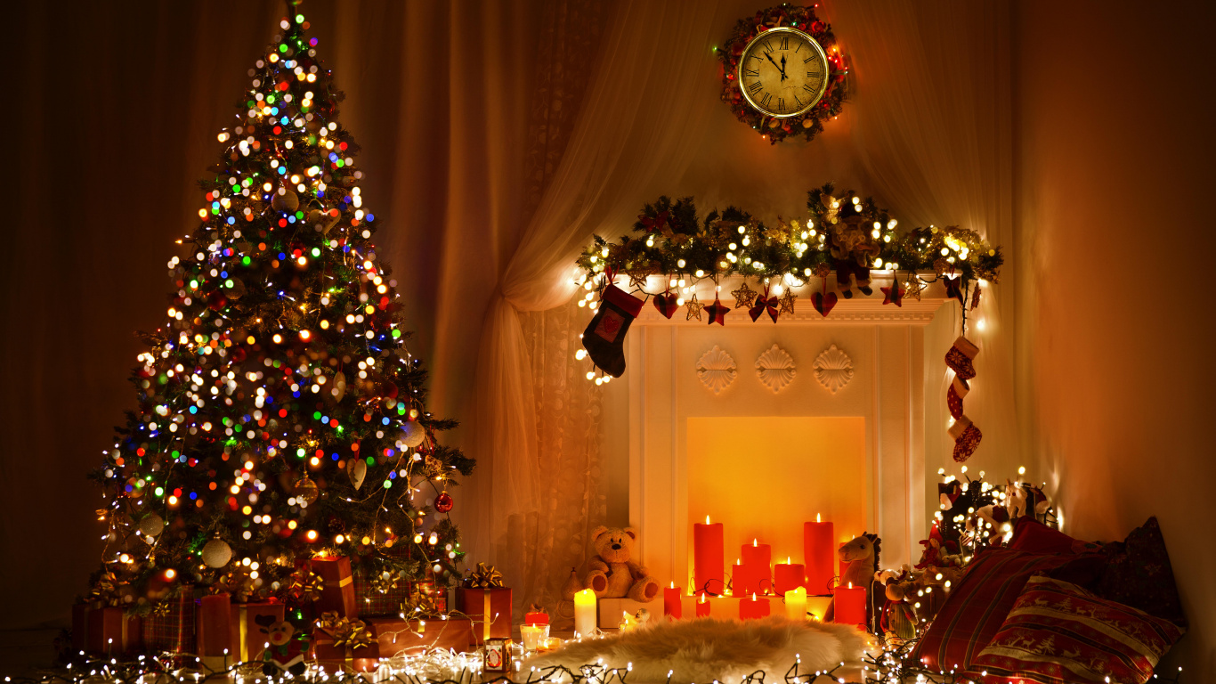 Le Jour De Noël, Arbre de Noël, Les Lumières de Noël, Décoration de Noël, Ornement de Noël. Wallpaper in 1366x768 Resolution