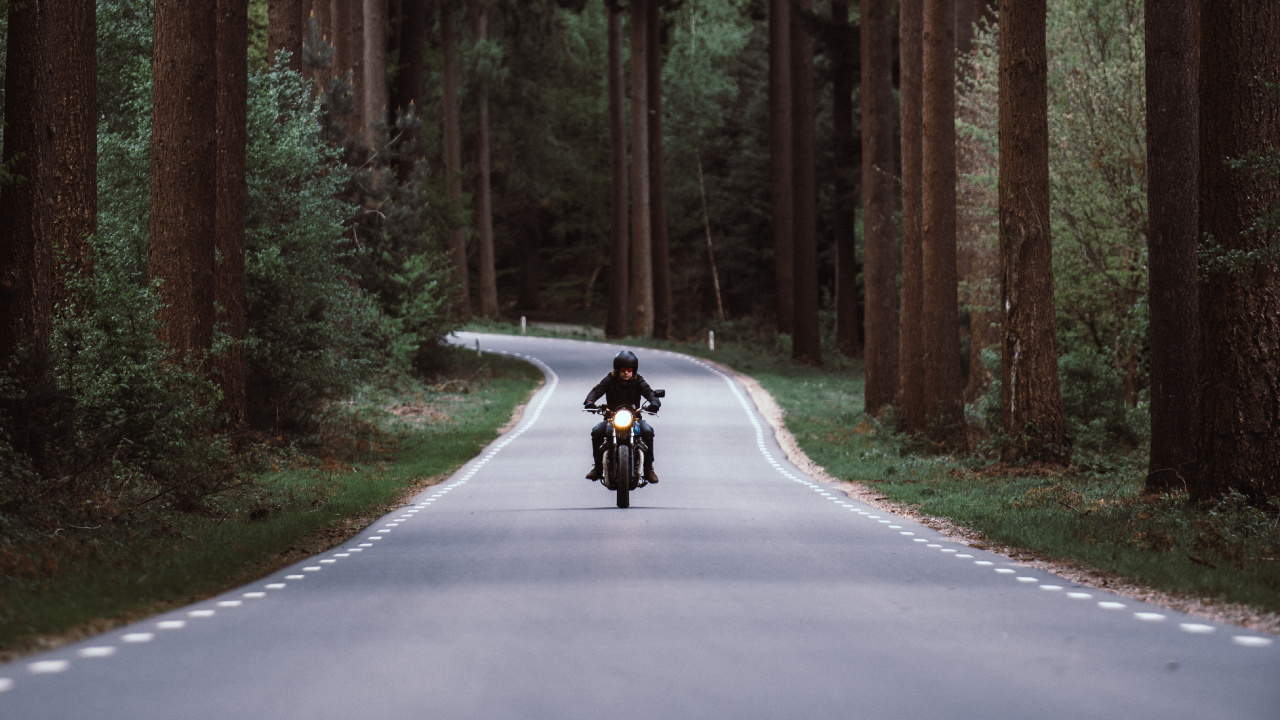 Person Riding Motorcycle on Road Between Trees During Daytime. Wallpaper in 1280x720 Resolution