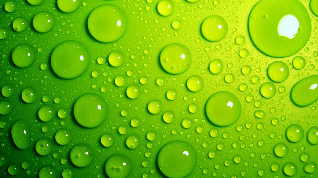 Gotas de Agua Sobre la Superficie Verde. Wallpaper in 1280x720 Resolution