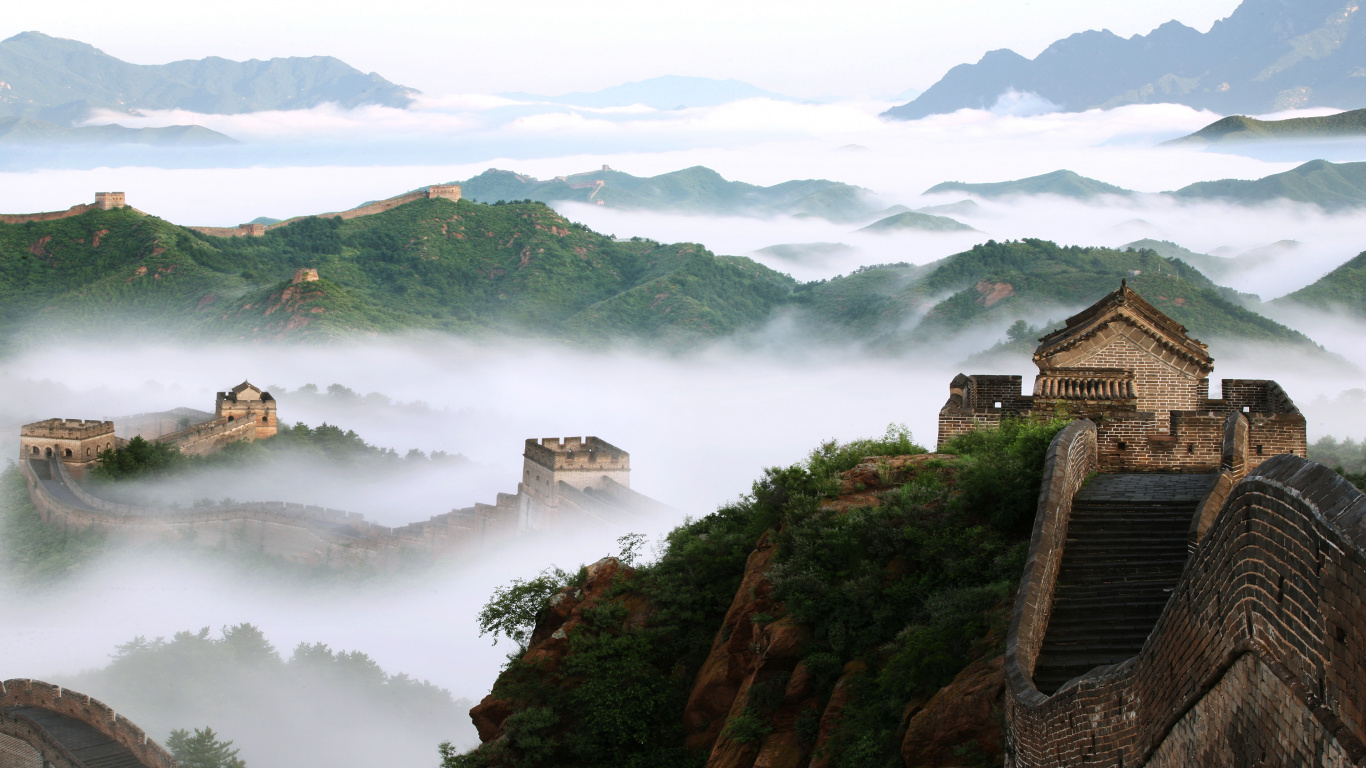 中国的长城, 高地, 山站, 旅游景点, 天空 壁纸 1366x768 允许