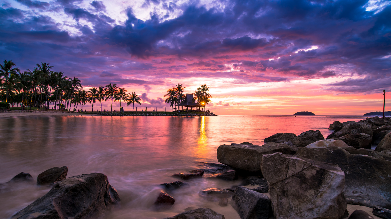 Beach, Sunset, Sea, Resort, Cloud. Wallpaper in 1366x768 Resolution