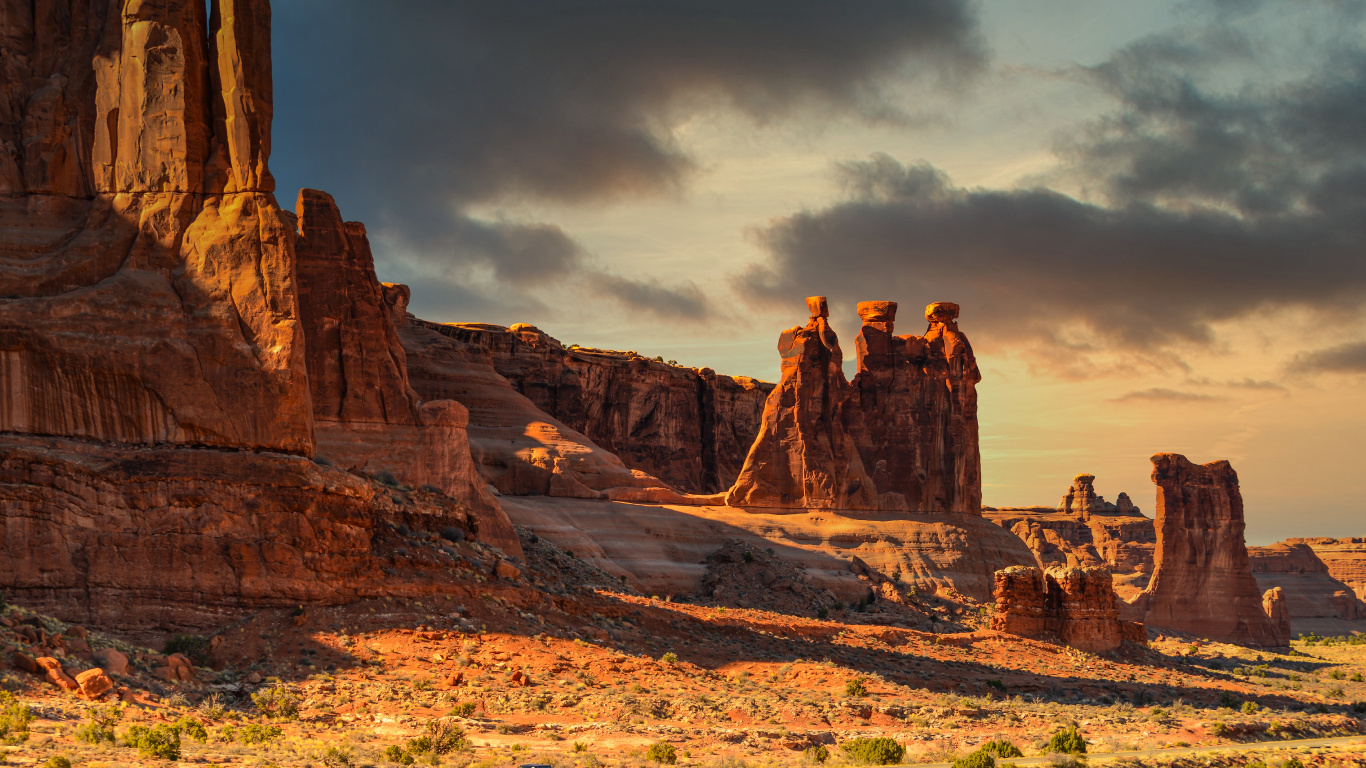 Arches National Park, Paysage Naturel, Soubassement, Terrain, Lever. Wallpaper in 1366x768 Resolution