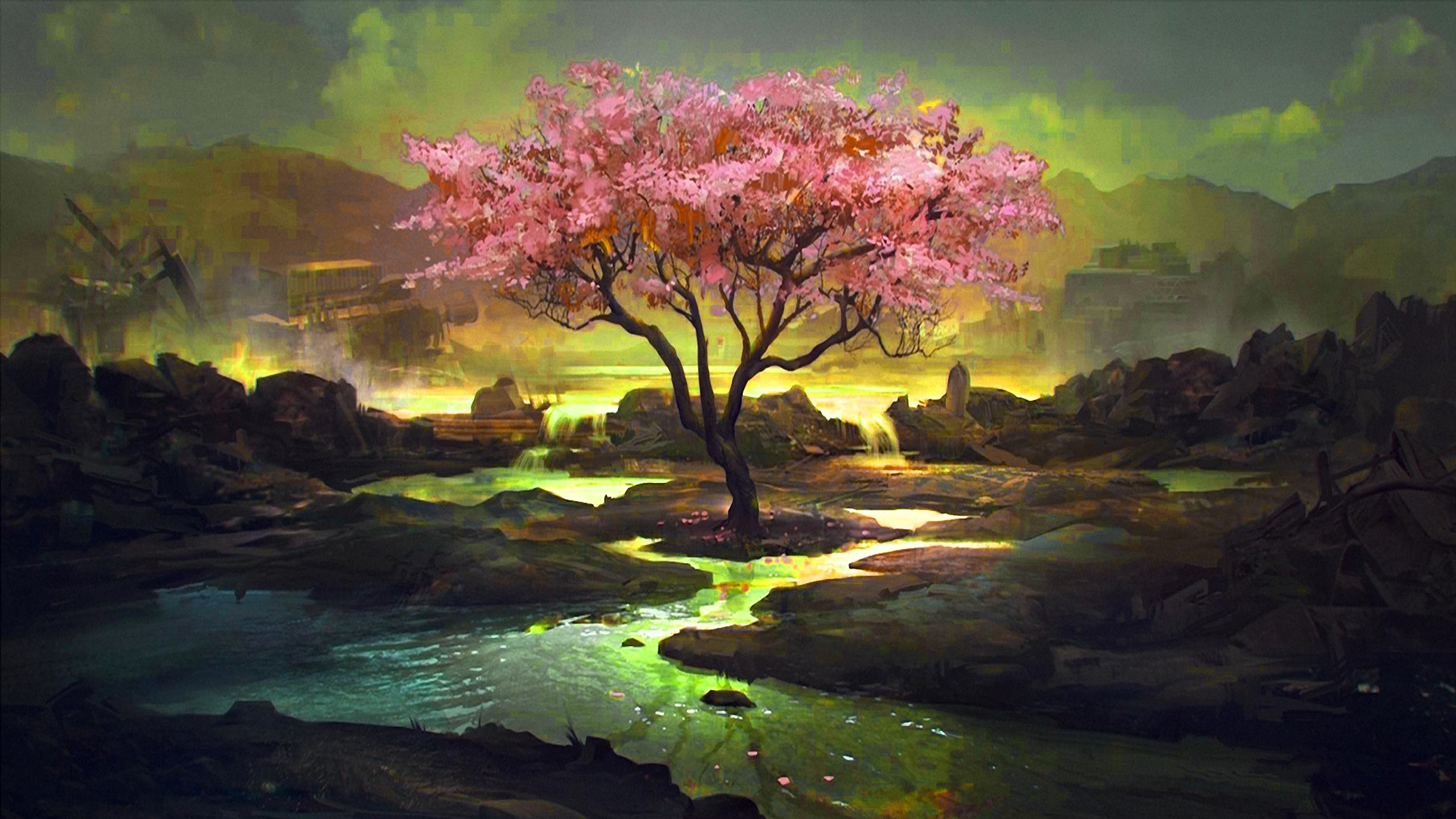 Pink and Green Trees Beside River Painting. Wallpaper in 2560x1440 Resolution