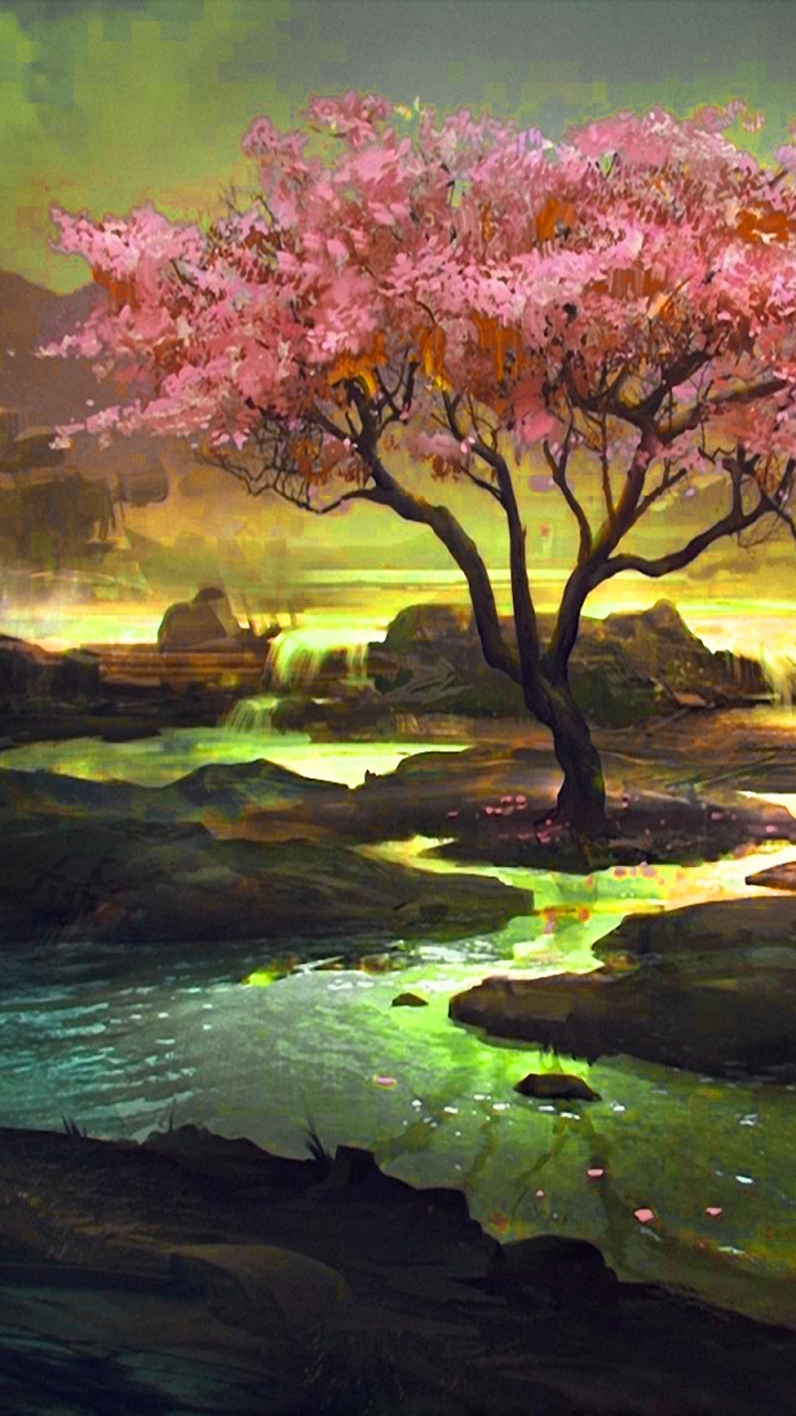 Pink and Green Trees Beside River Painting. Wallpaper in 720x1280 Resolution