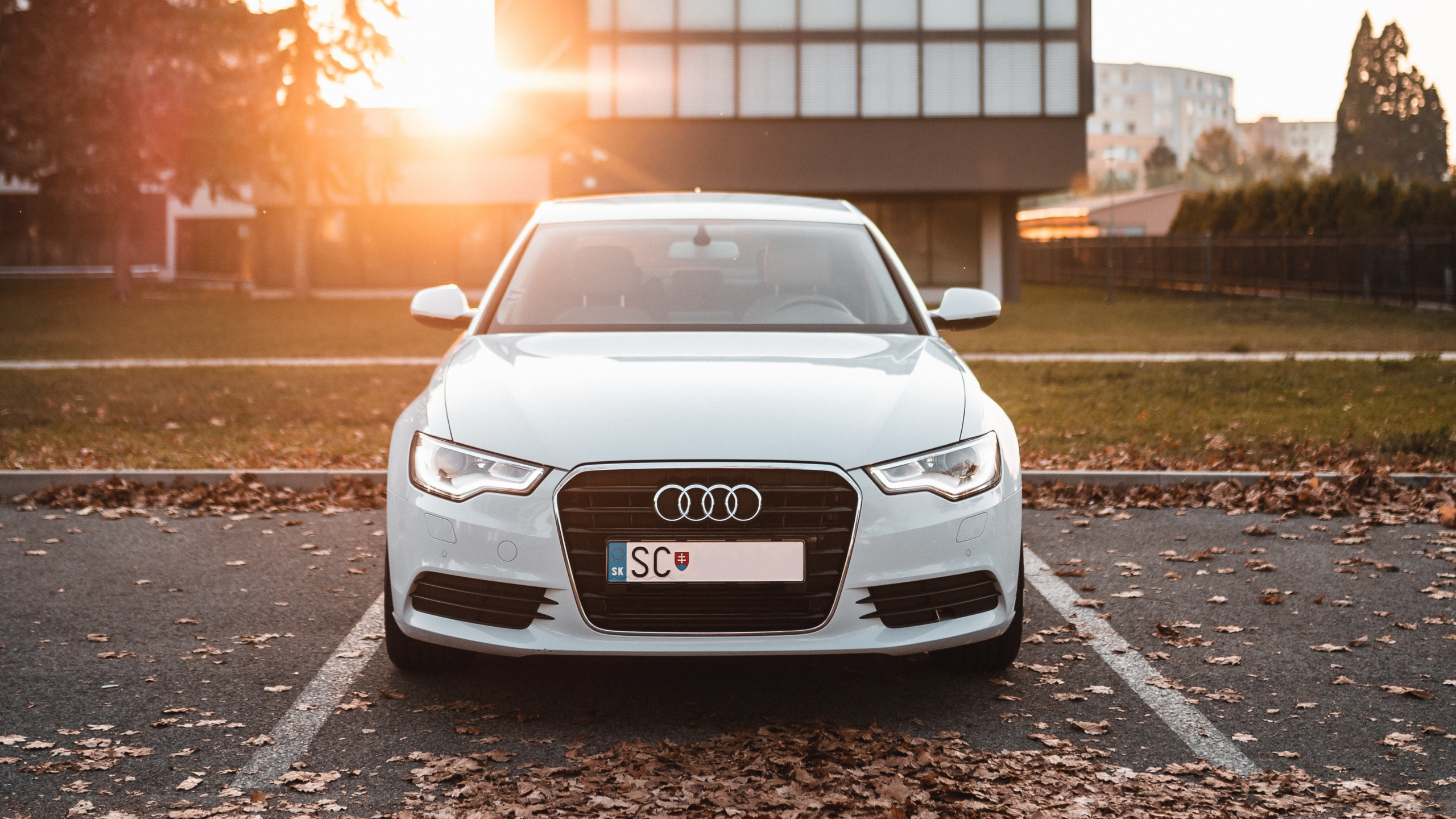 Weiße Audi a 4 Parkte Tagsüber am Straßenrand in Der Nähe Des Gebäudes. Wallpaper in 2560x1440 Resolution