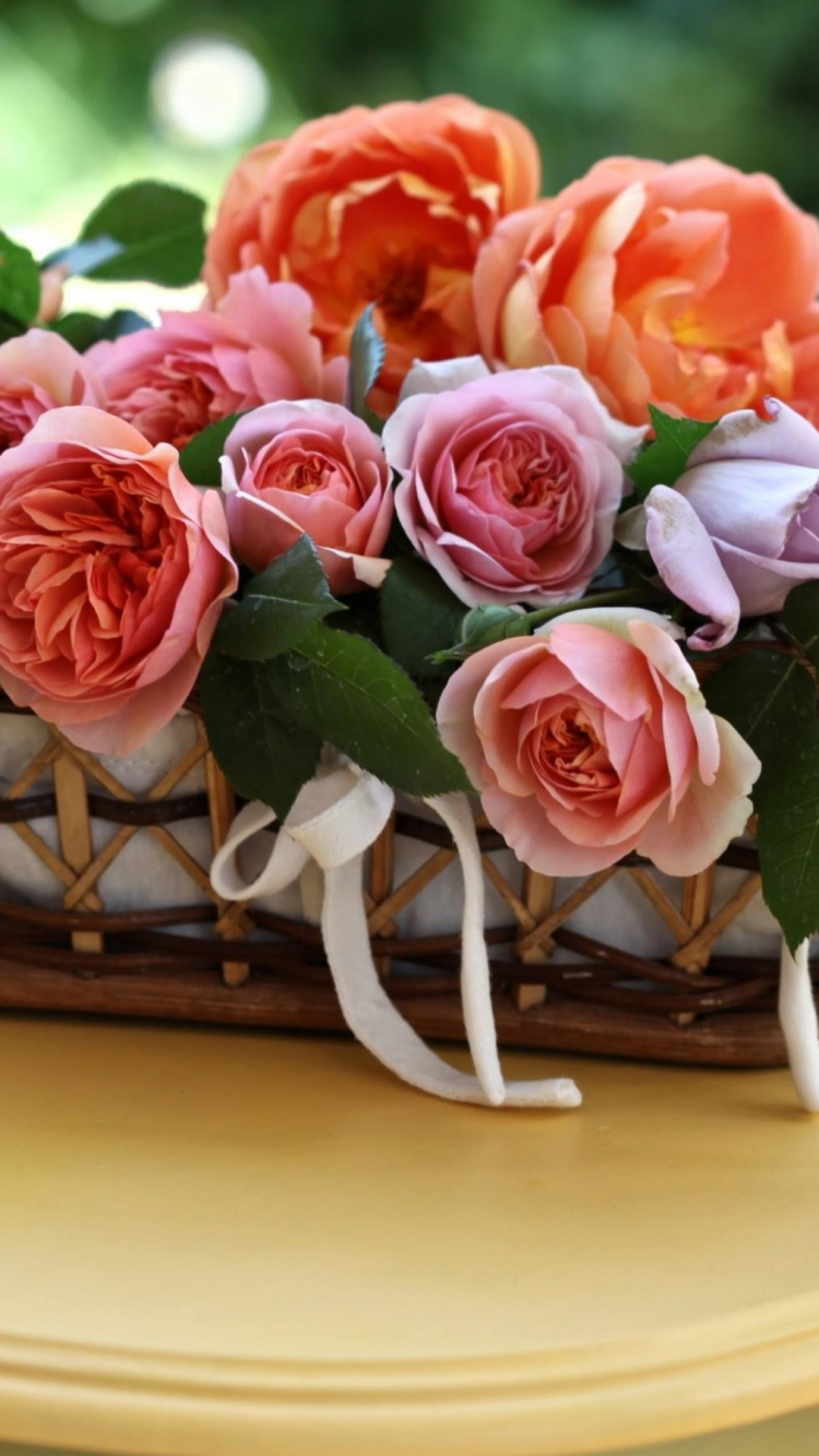 Red Roses on Brown Woven Basket. Wallpaper in 750x1334 Resolution