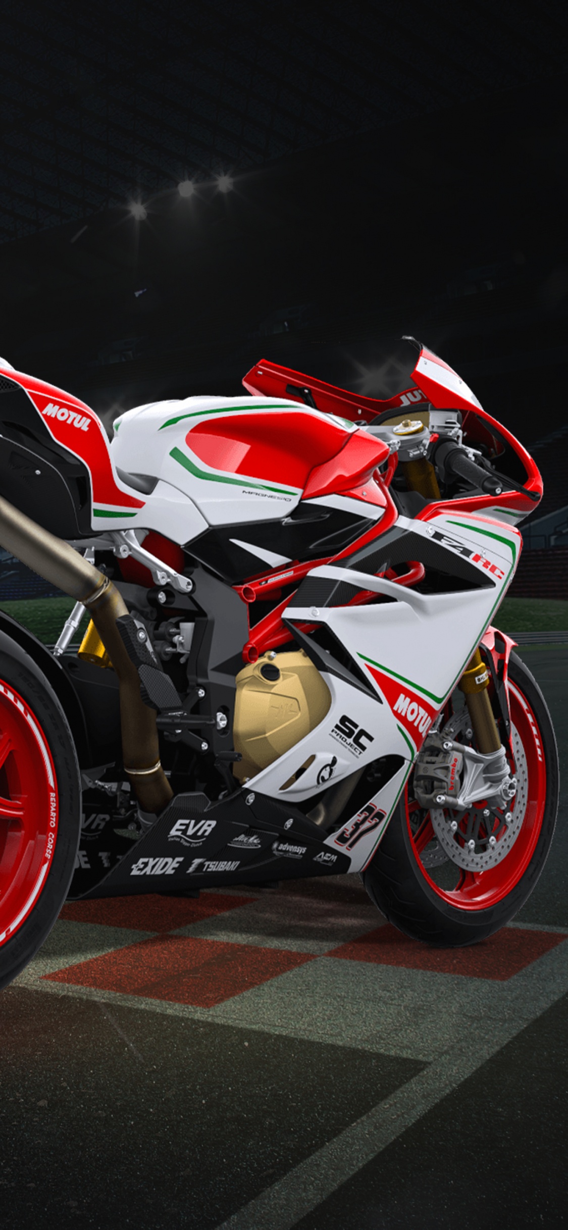 Red and White Sports Bike on Track Field. Wallpaper in 1125x2436 Resolution
