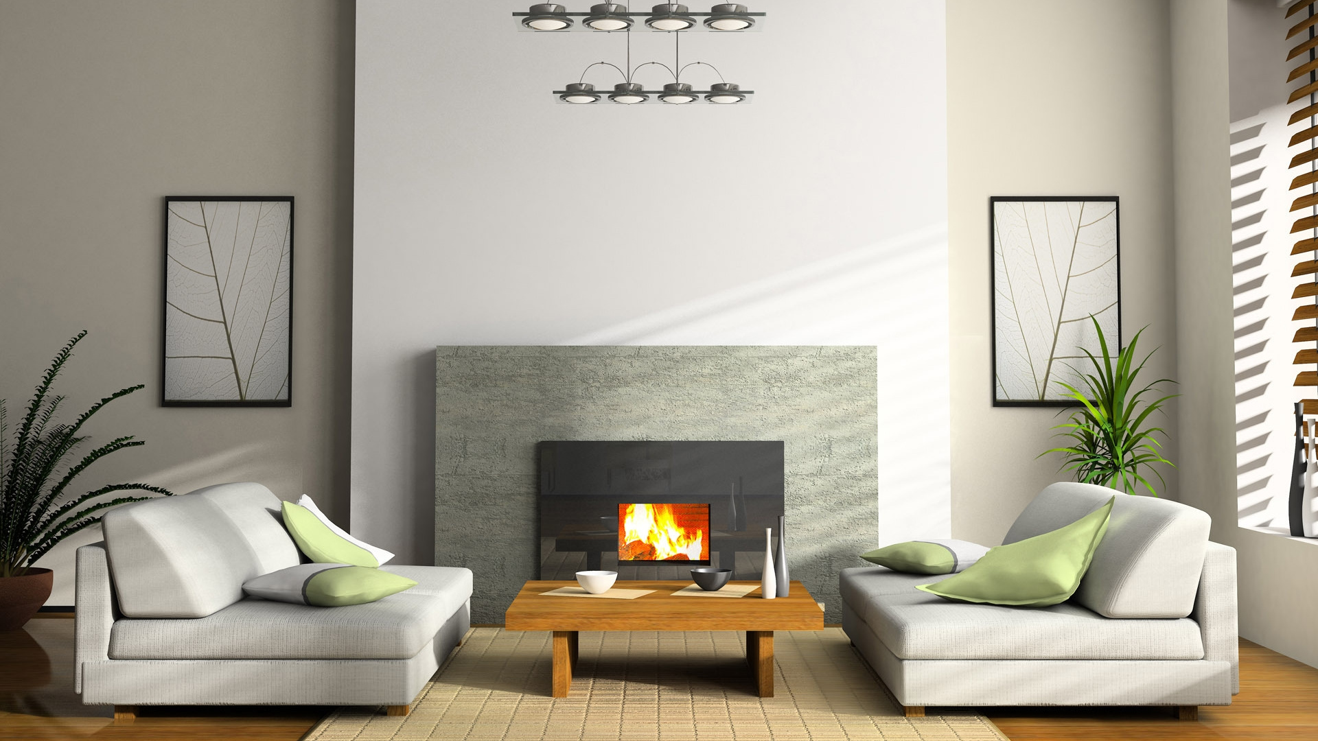 Black Fireplace Near Green Couch. Wallpaper in 1920x1080 Resolution