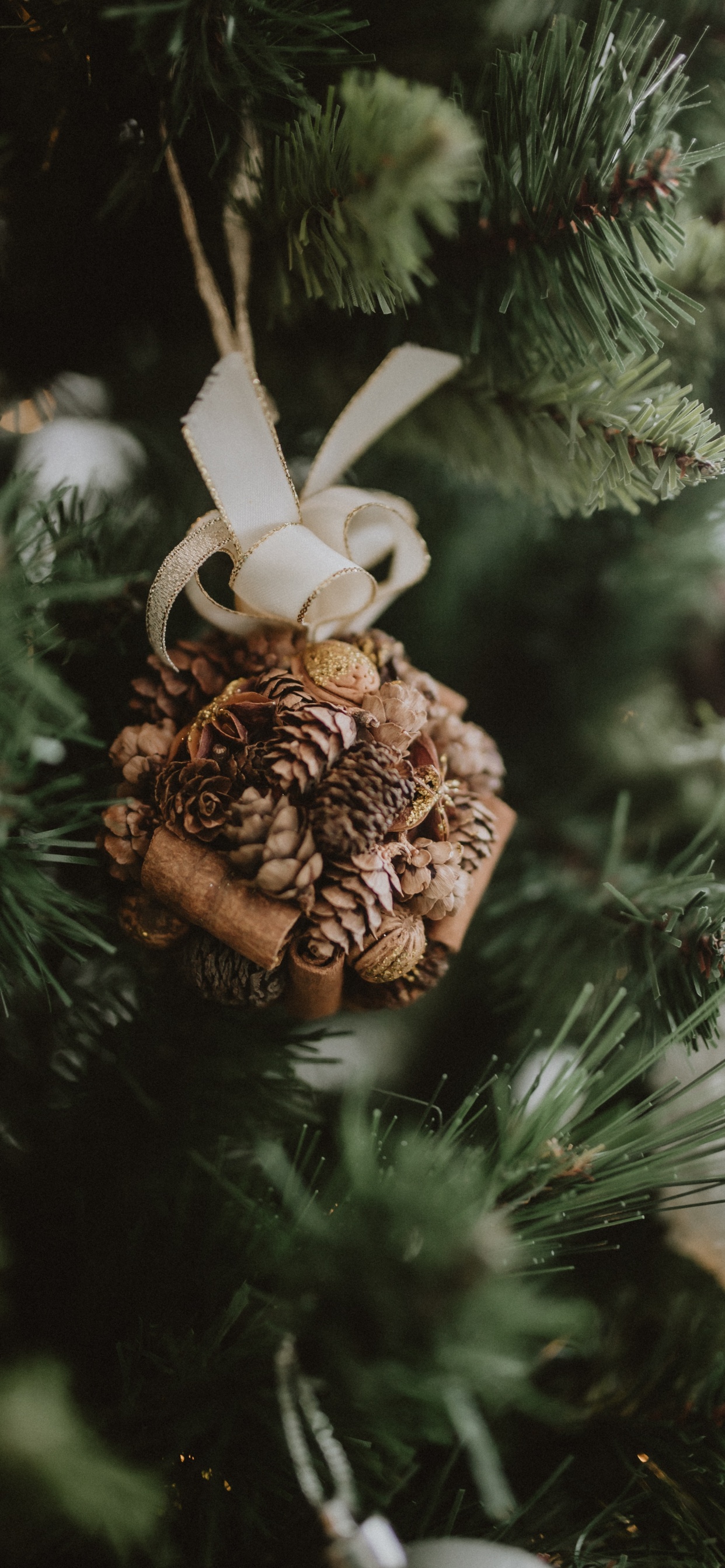 Brauner Tannenzapfen Auf Grünem Weihnachtsbaum. Wallpaper in 1242x2688 Resolution