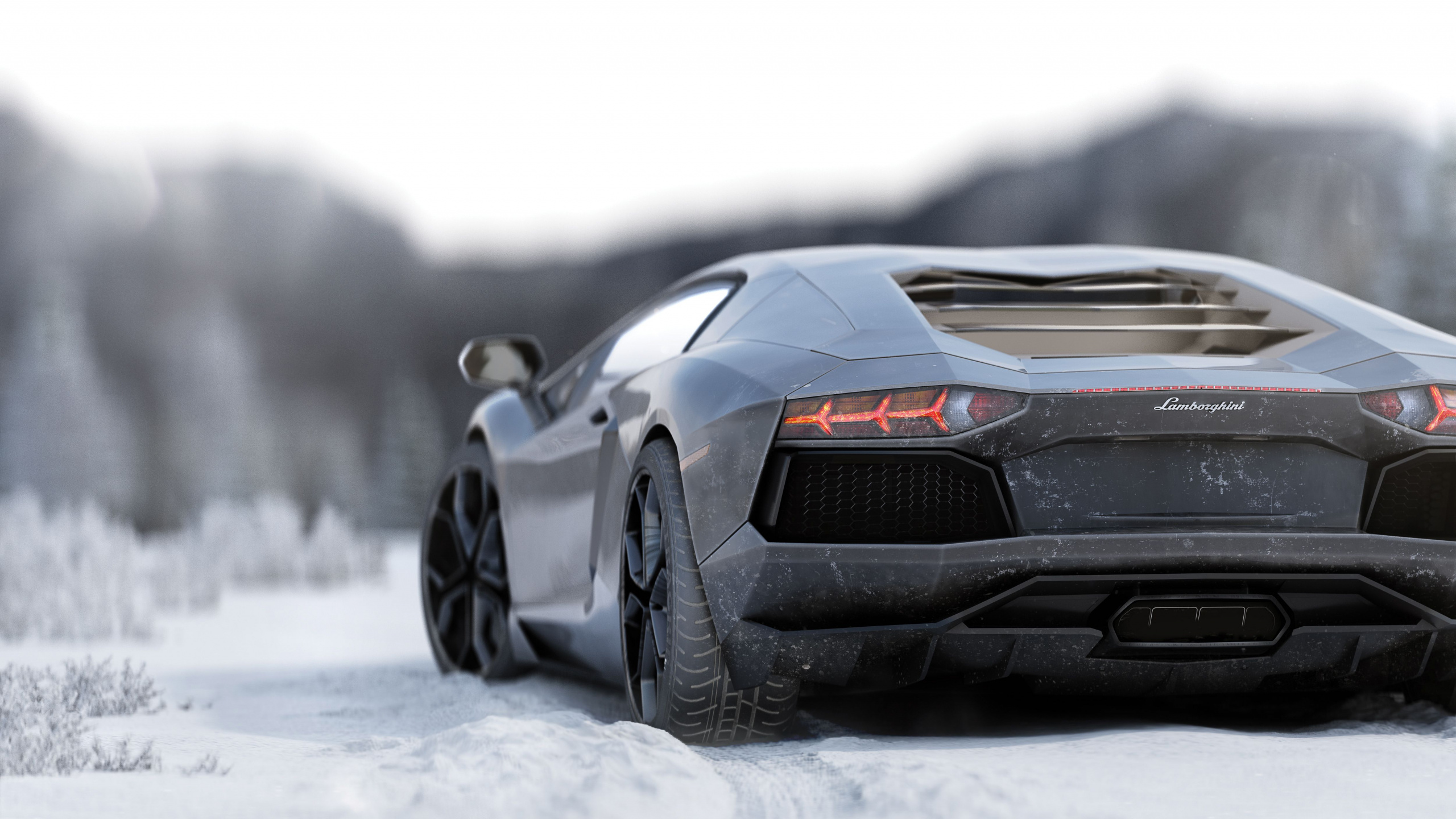 Lamborghini Aventador Noir Sur Sol Couvert de Neige. Wallpaper in 2560x1440 Resolution