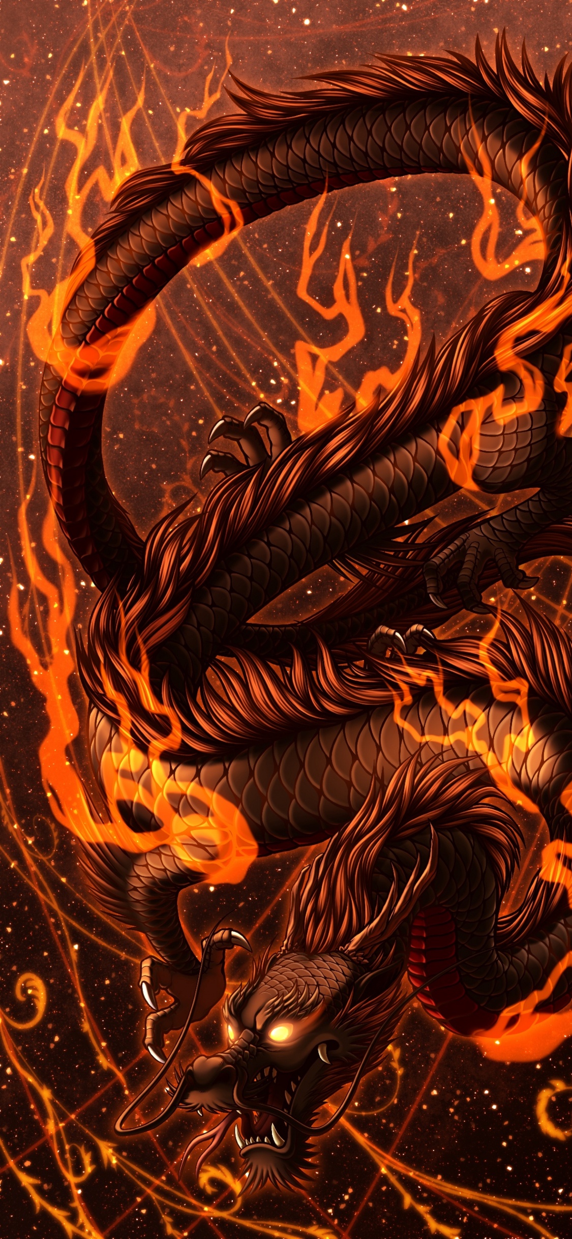 Dragón, Fuego, Naranja, Arte, Ambar. Wallpaper in 1125x2436 Resolution